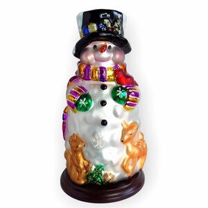 Vtg 2004 Thomas Pacconi Snowman Animals Figurine Blown Glass Wood Base 14in
